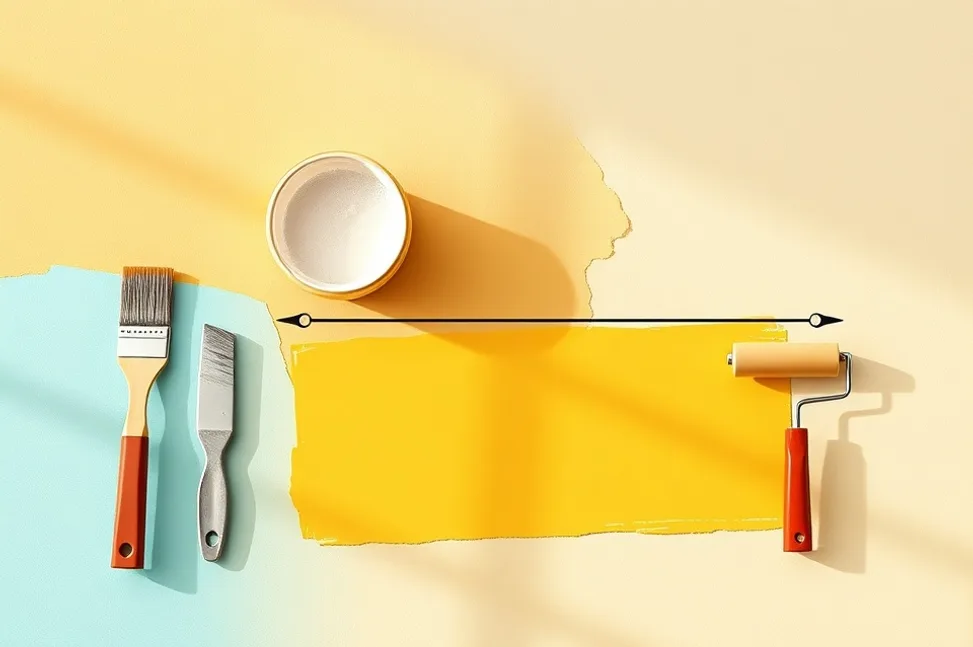 Outils de peinture disposés dans l'ordre des étapes du chantier