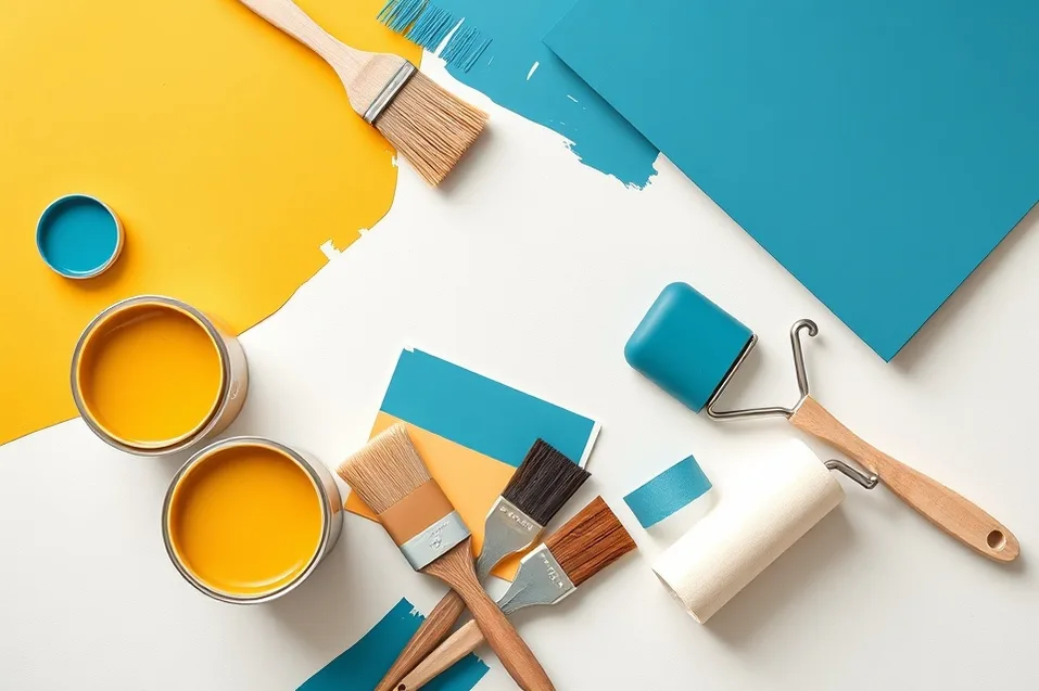 Pots de peinture, nuancier, brosses et rouleaux disposés à plat