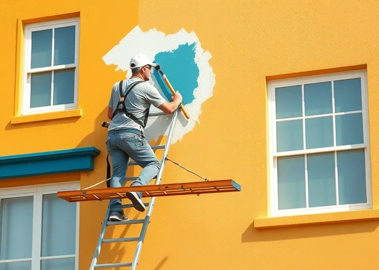 Peintre sur échafaudage traitant la façade d'une maison